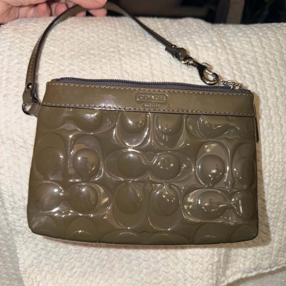 Coach Signature Embossed Patent Leather Wristlet Pouch In Deep Olive Green